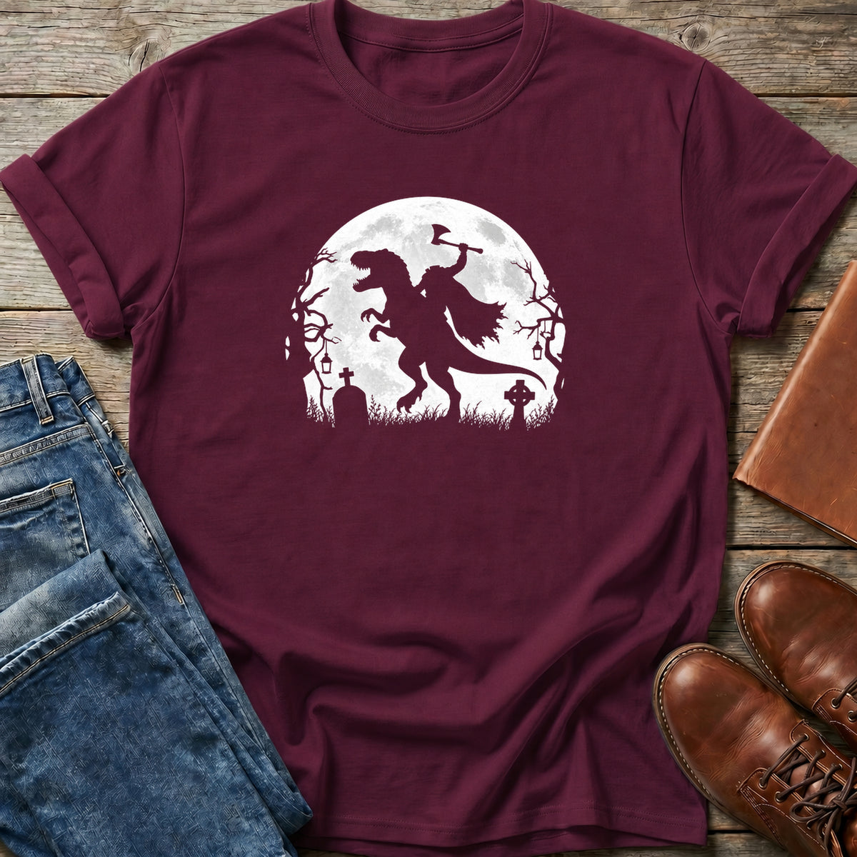 T-Rex Axe Rider Moon T Shirt
