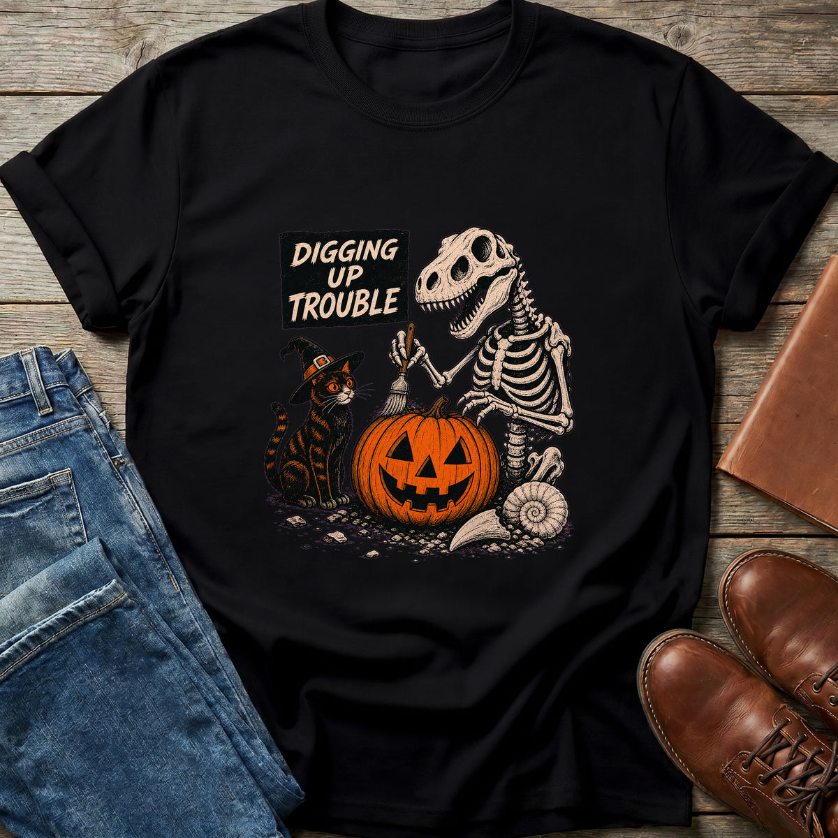 Digging Up Trouble Dino Halloween T Shirt