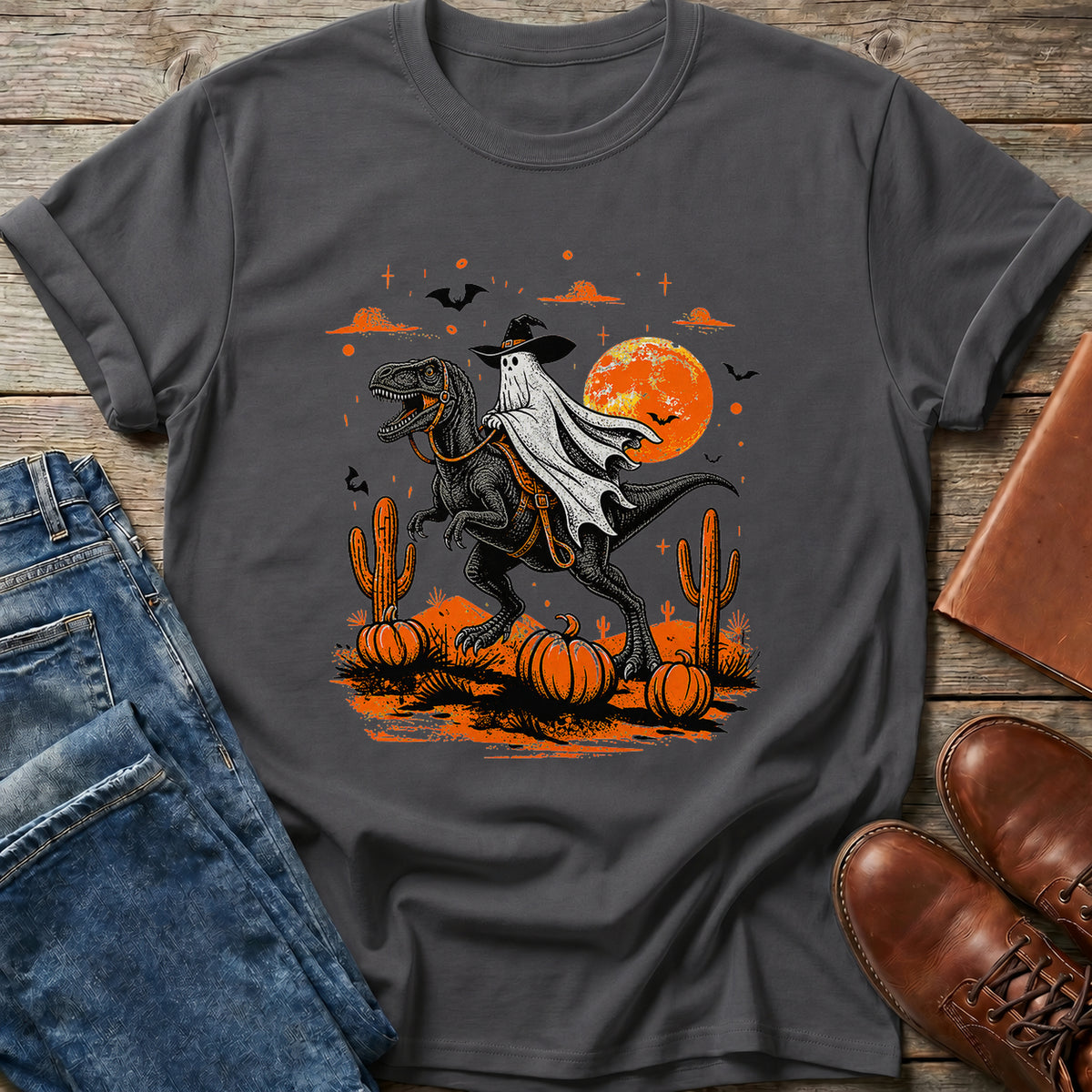 Funny Dinosaur Halloween Shirt for Adults - Ghost Cowboy Ride