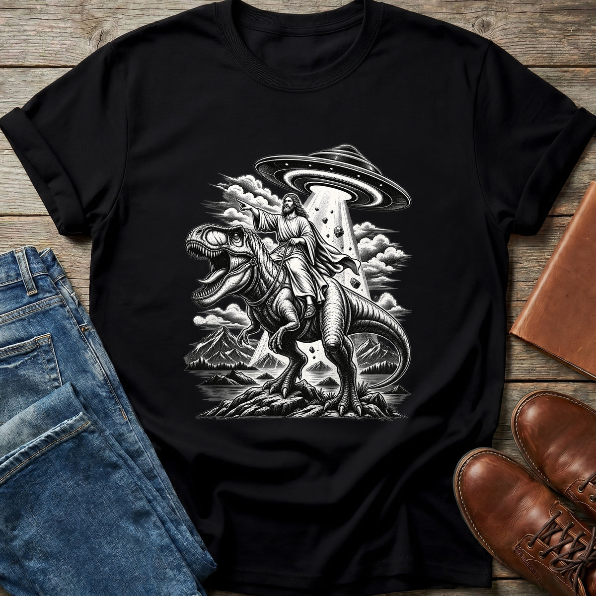 Dino Jesus Alien Abduction T Shirt