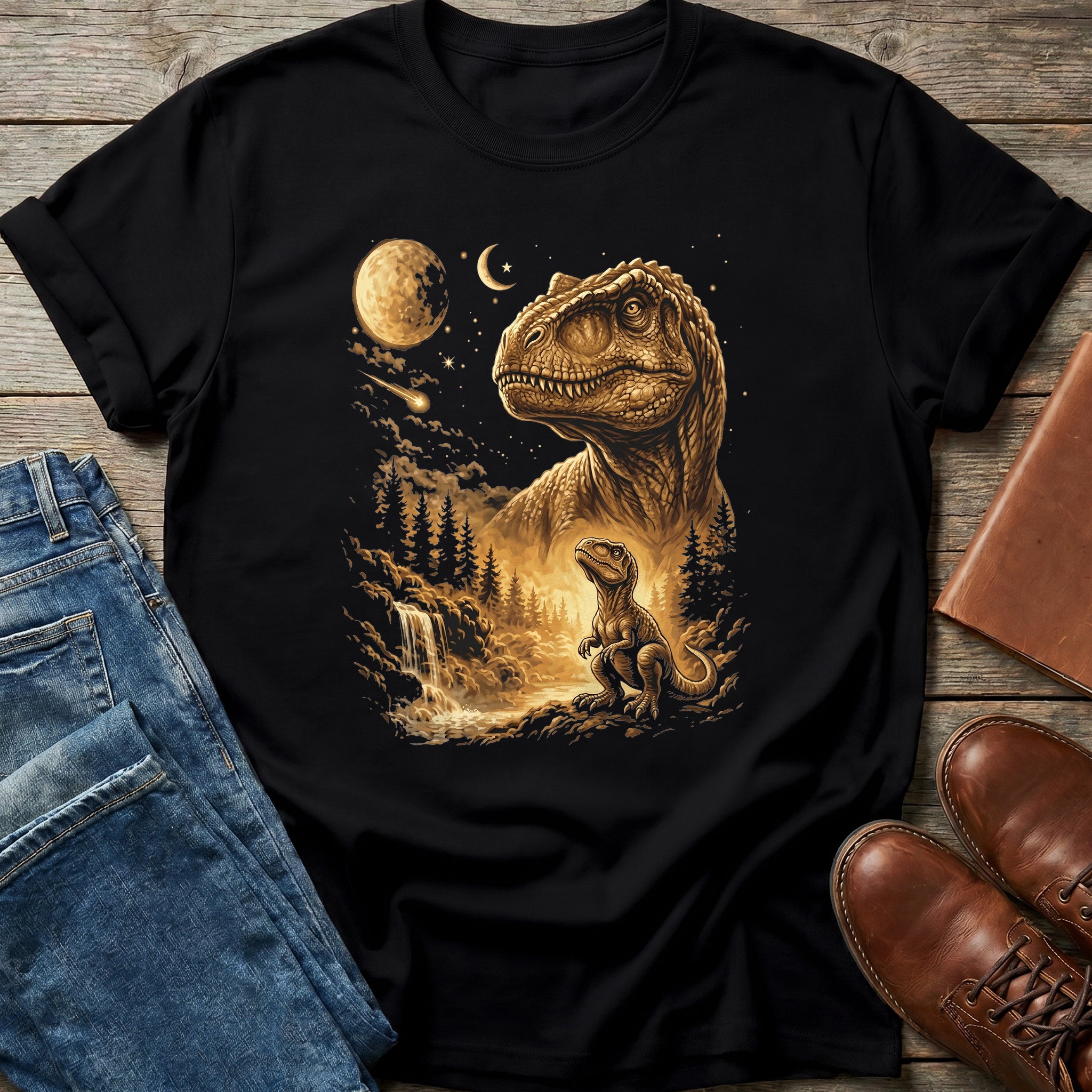 Dino Family Moonlit Scene T Shirt