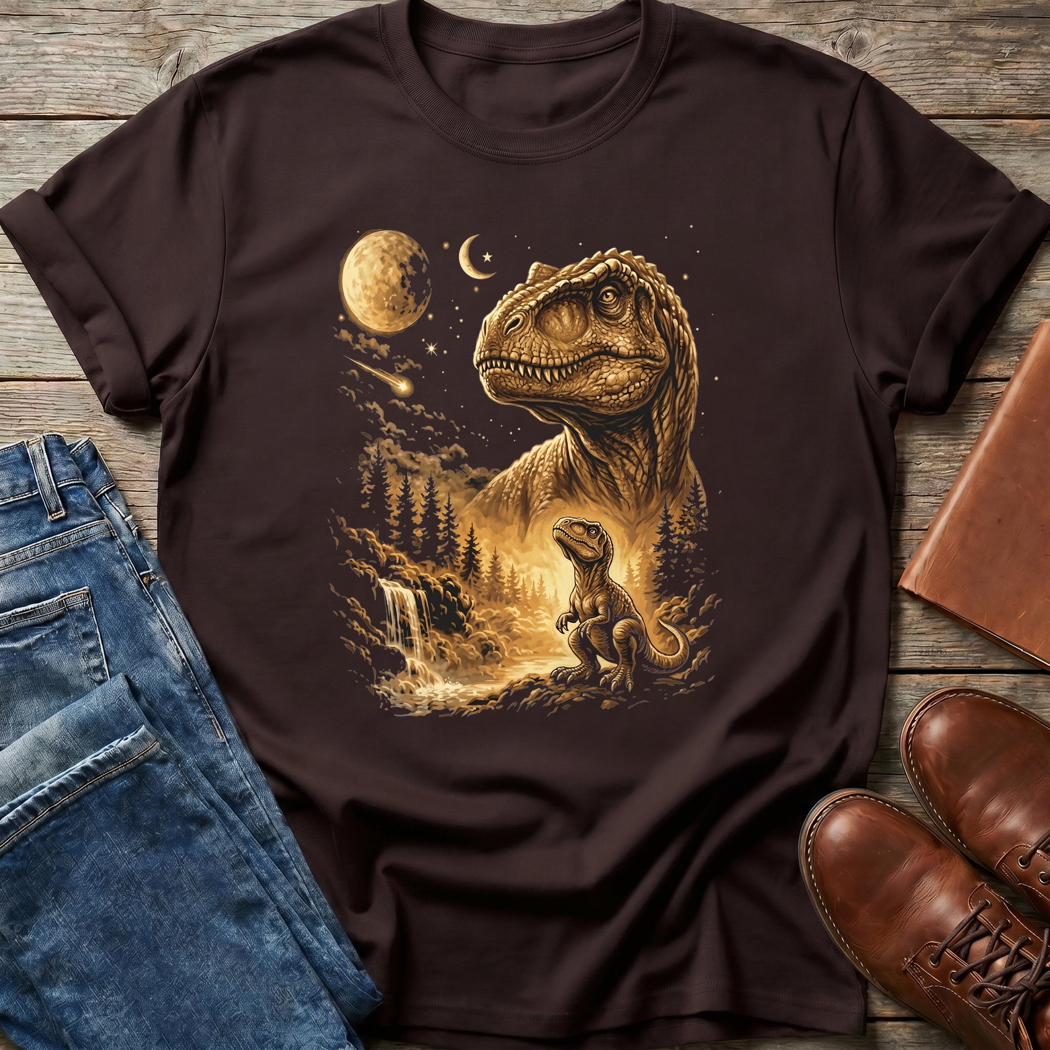 Dino Family Moonlit Scene T Shirt