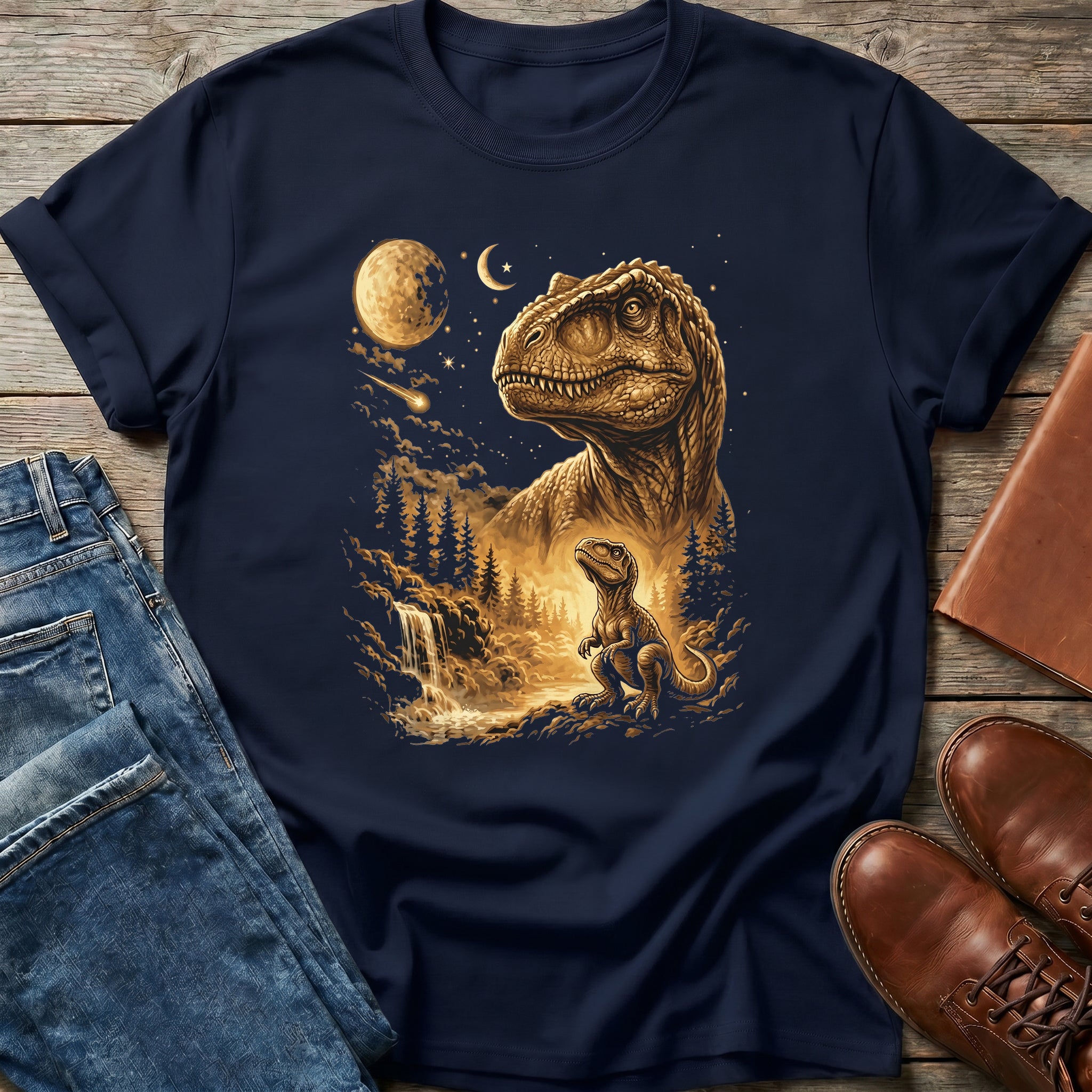 Dino Family Moonlit Scene T Shirt