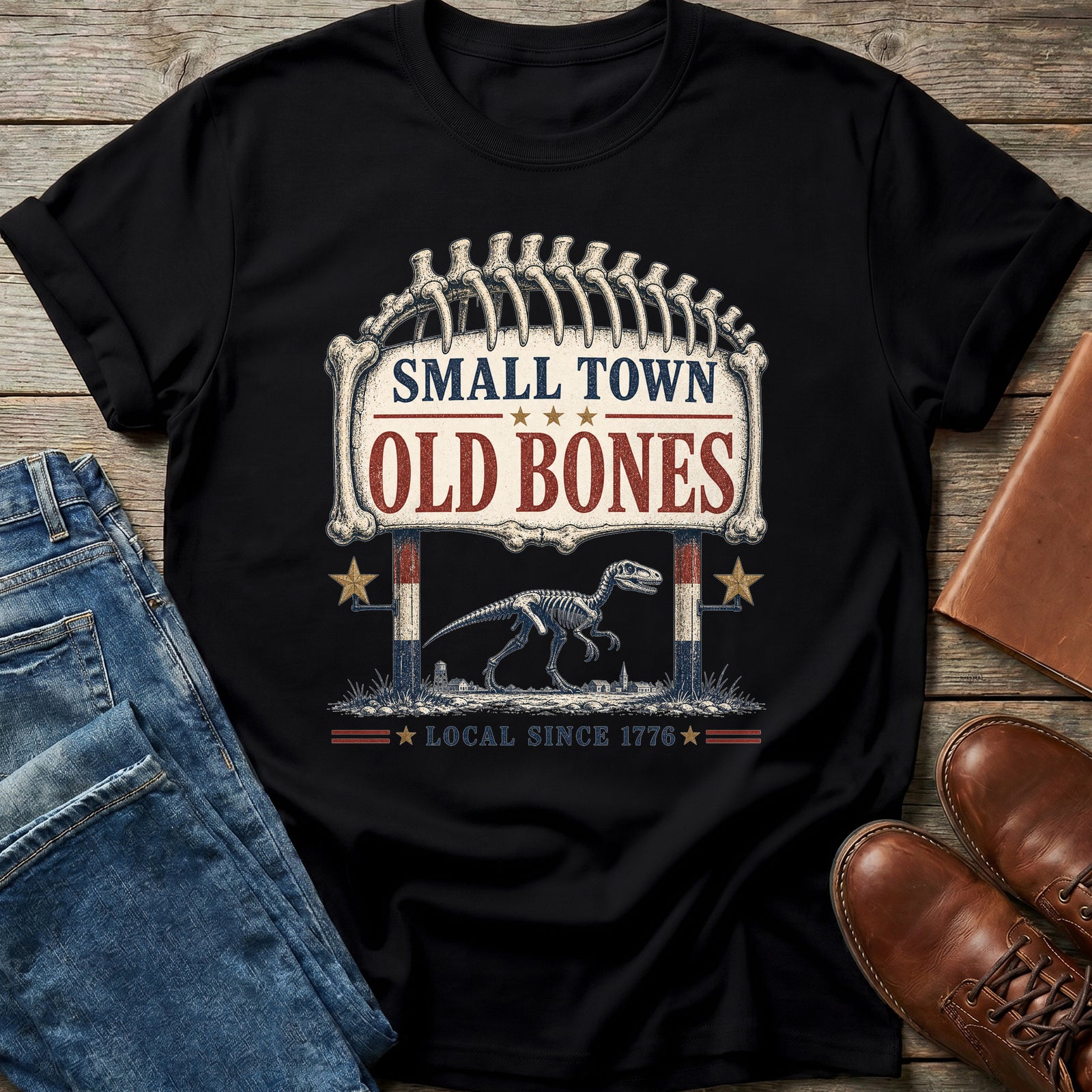 Small Town Old Bones dinosaur T-shirt in Black