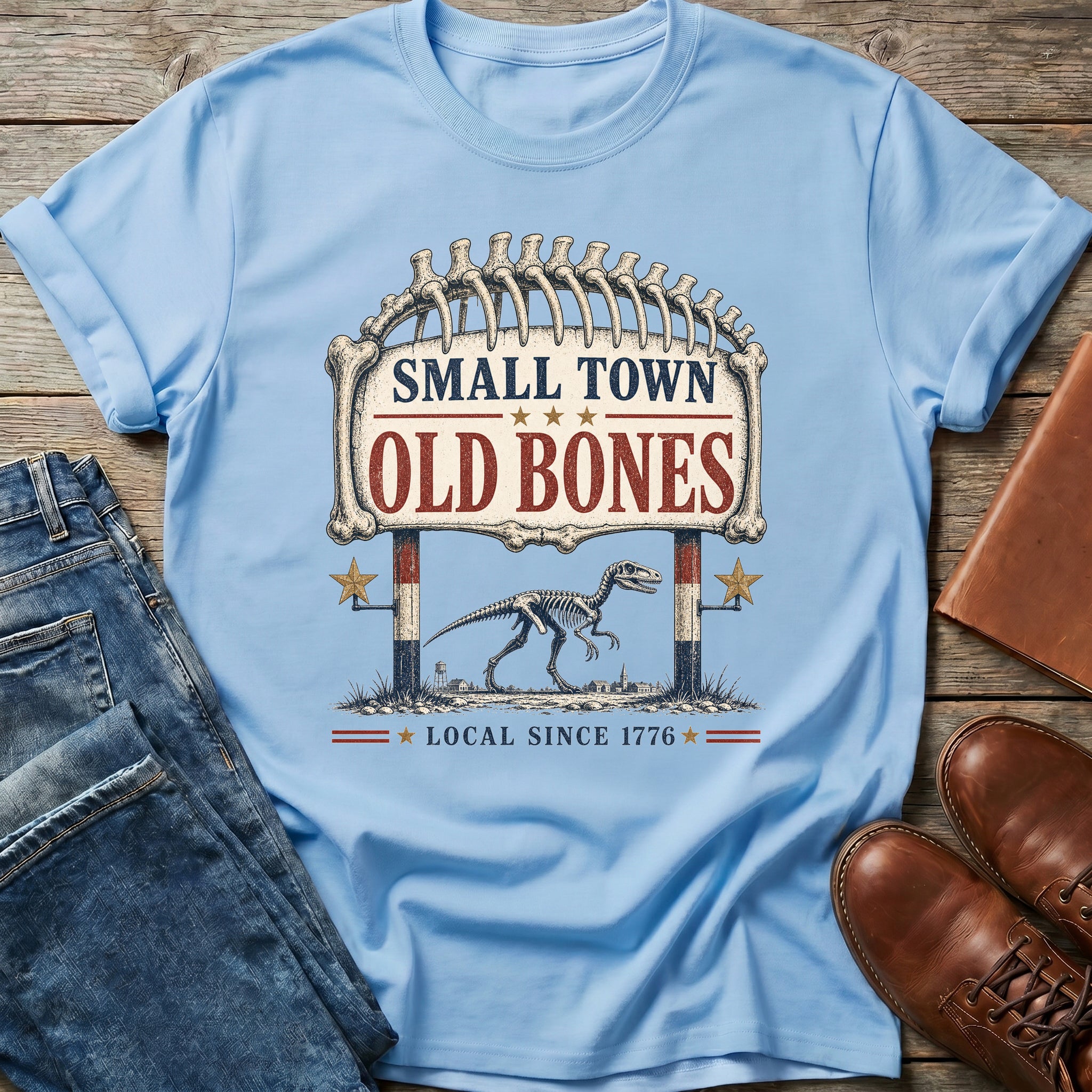 Small Town Old Bones dinosaur T-shirt in Light Blue