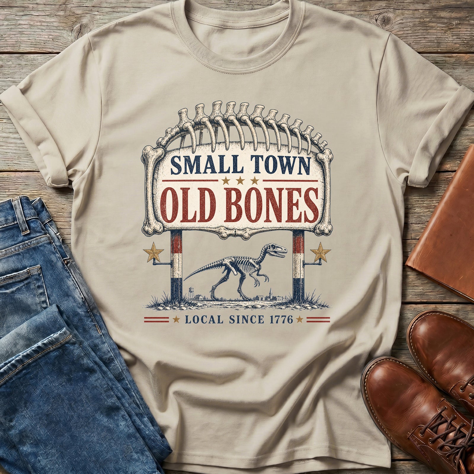 Small Town Old Bones dinosaur T-shirt in Natural