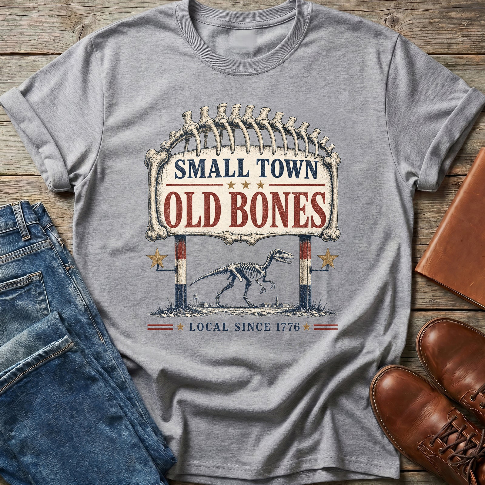 Small Town Old Bones dinosaur T-shirt in Sport Grey
