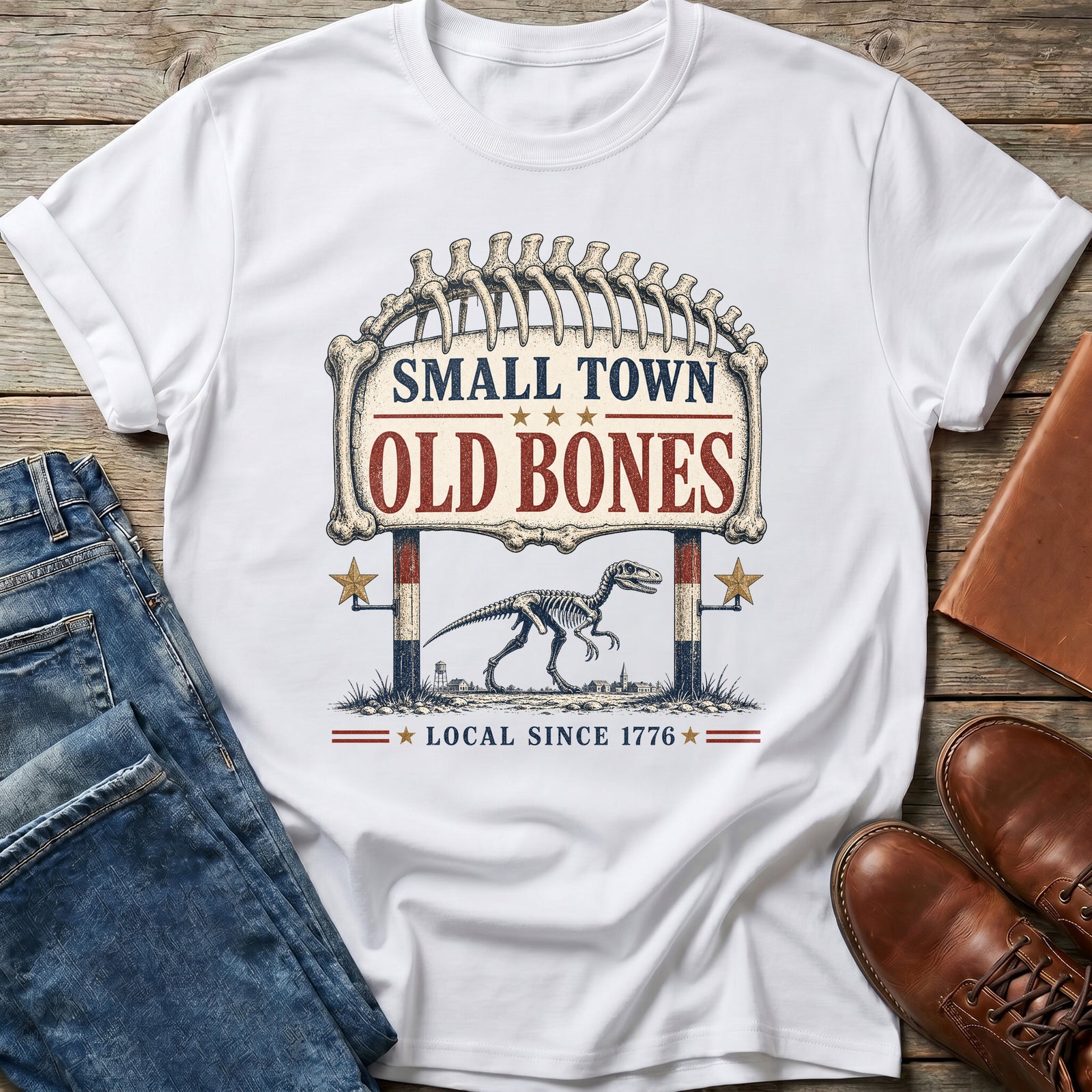 Small Town Old Bones dinosaur T-shirt in White